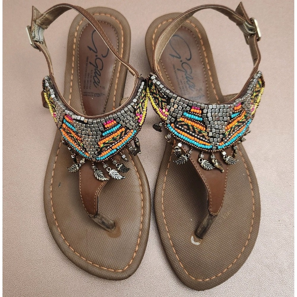 G Gaci Beaded Boho Sandals Womens Approx 8 8.5 Tribal Leaf Charm Thong Mexico